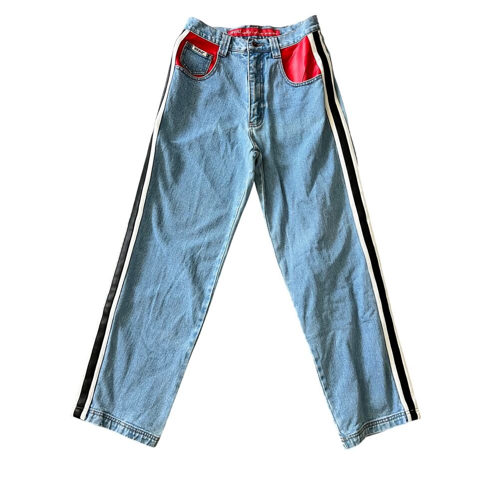 Vintage Revolt Jeans Faux Leather Trip‎ 1990s Racing Stripe Red Sz 9 Denim Light